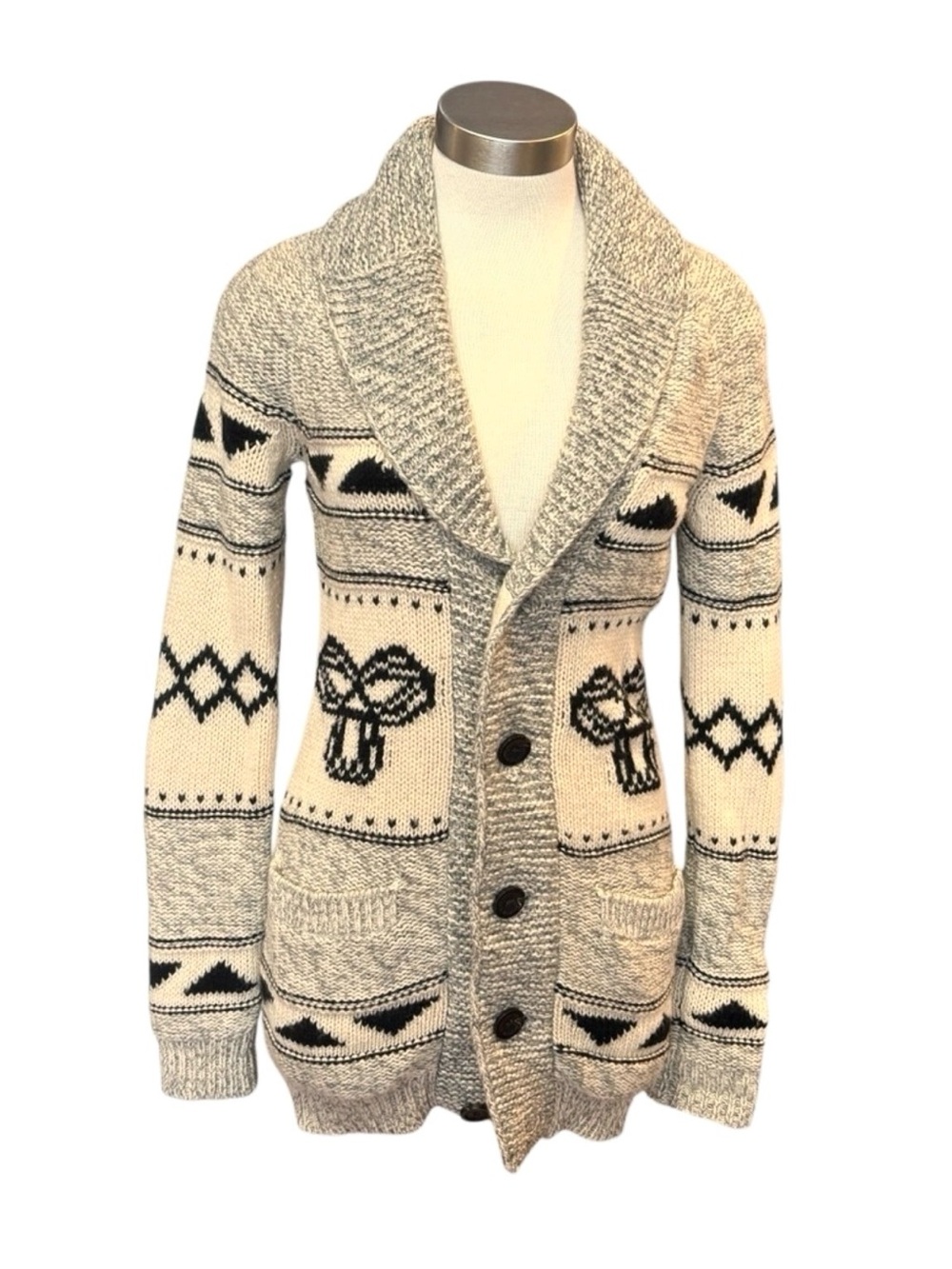 TNA 100% Lambswool Shawl Collar Patterned Cardigan Sweater